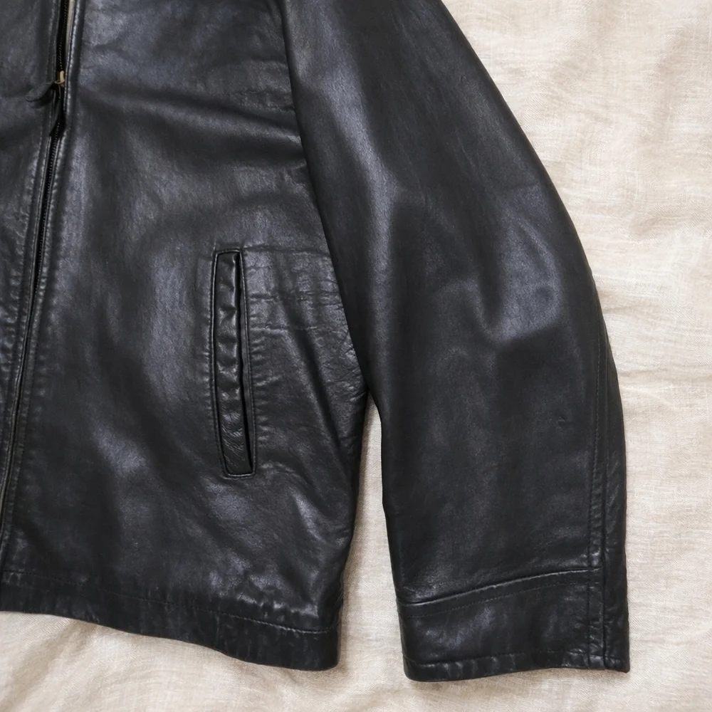 Vintage Y2K NAUTICA Genuine Leather Jacket Mens 44 Black Soft Leather Zip Front